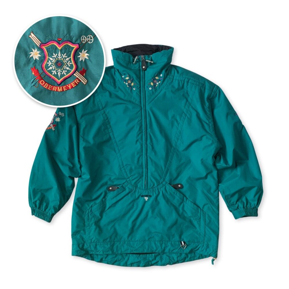 Vintage Obermeyer Scarlett Ski Anorak Jacket Zip Pullover Coat Hood Teal 90s